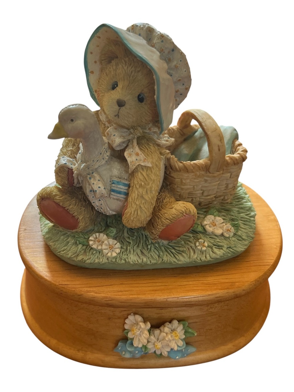 Vintage Cherished Teddies Blue and Cream Bear Music Box with Duck and Basket